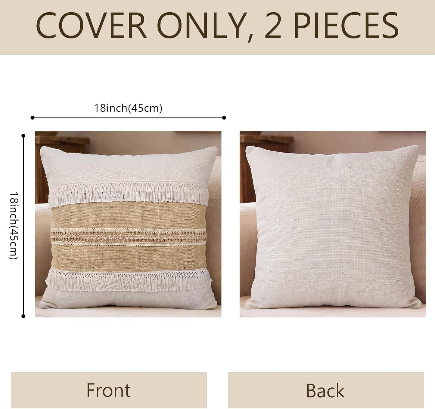 Boho Fringe Throw Pillow Covers 18x18 inch | Khaki and Cream Linen Cushion Covers,Stripe Hemp Lace Tassel Decorative, Neutral Farmhouse Pillow Covers for Couch Sofa