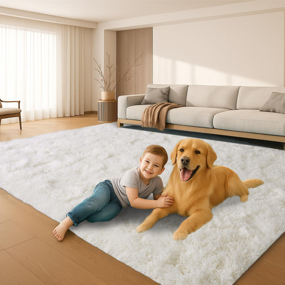 8x10 Cream Fluffy Shag Area Rug, Non-Slip Soft Carpet for Home | Soft Plush Rug With Durable Non-Slip Backing. Ideal for Living Room, Bedroom, Kids Room. Thick, Cozy, Modern Design.