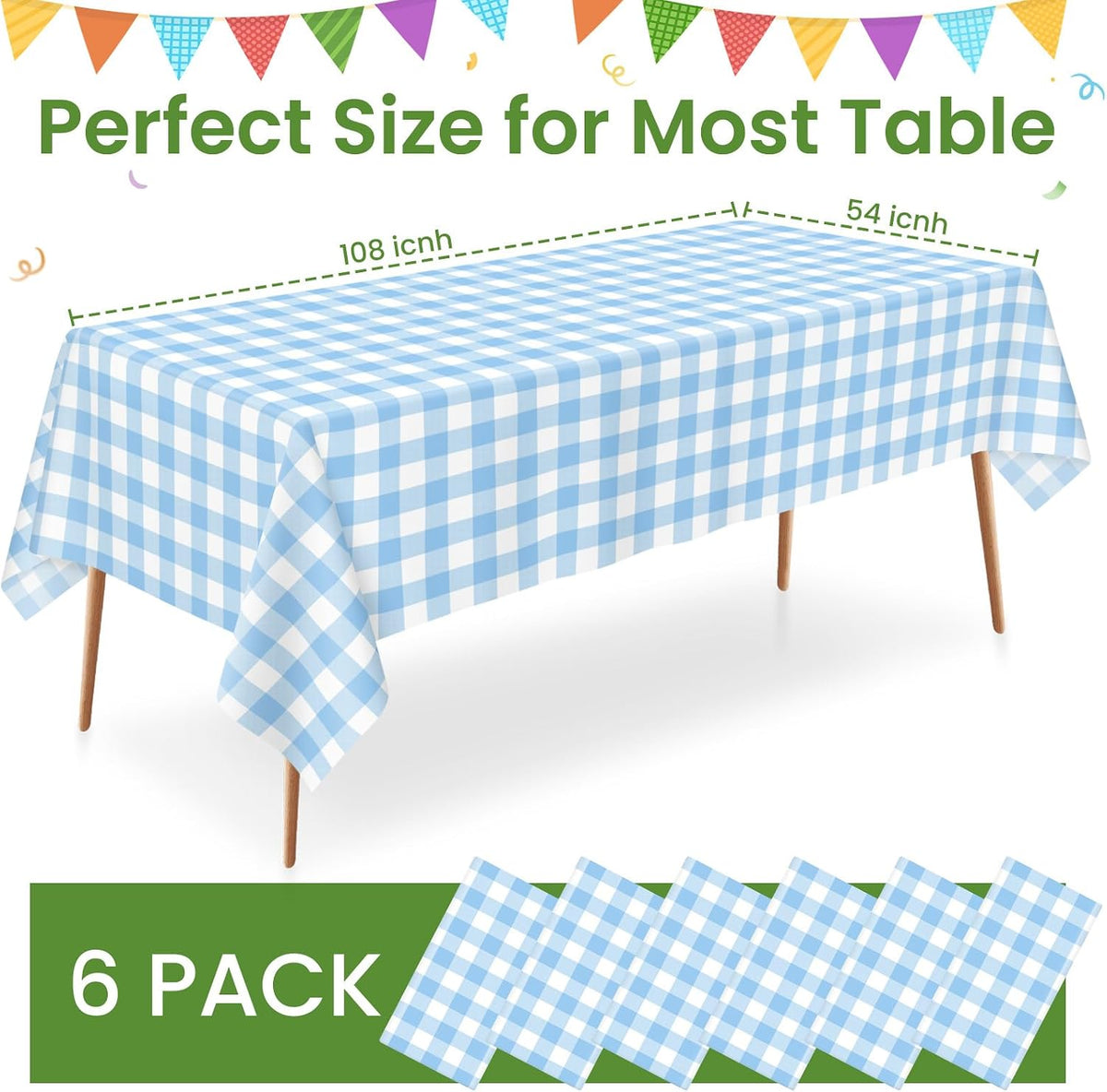 6 Pack Blue and White Checkered Tablecloth, Blue Plastic Table Cloths for Parties Disposable, 54 x 108 inch Waterproof Blue Gingham Camping Tablecloth for Birthday, Party, Picnic