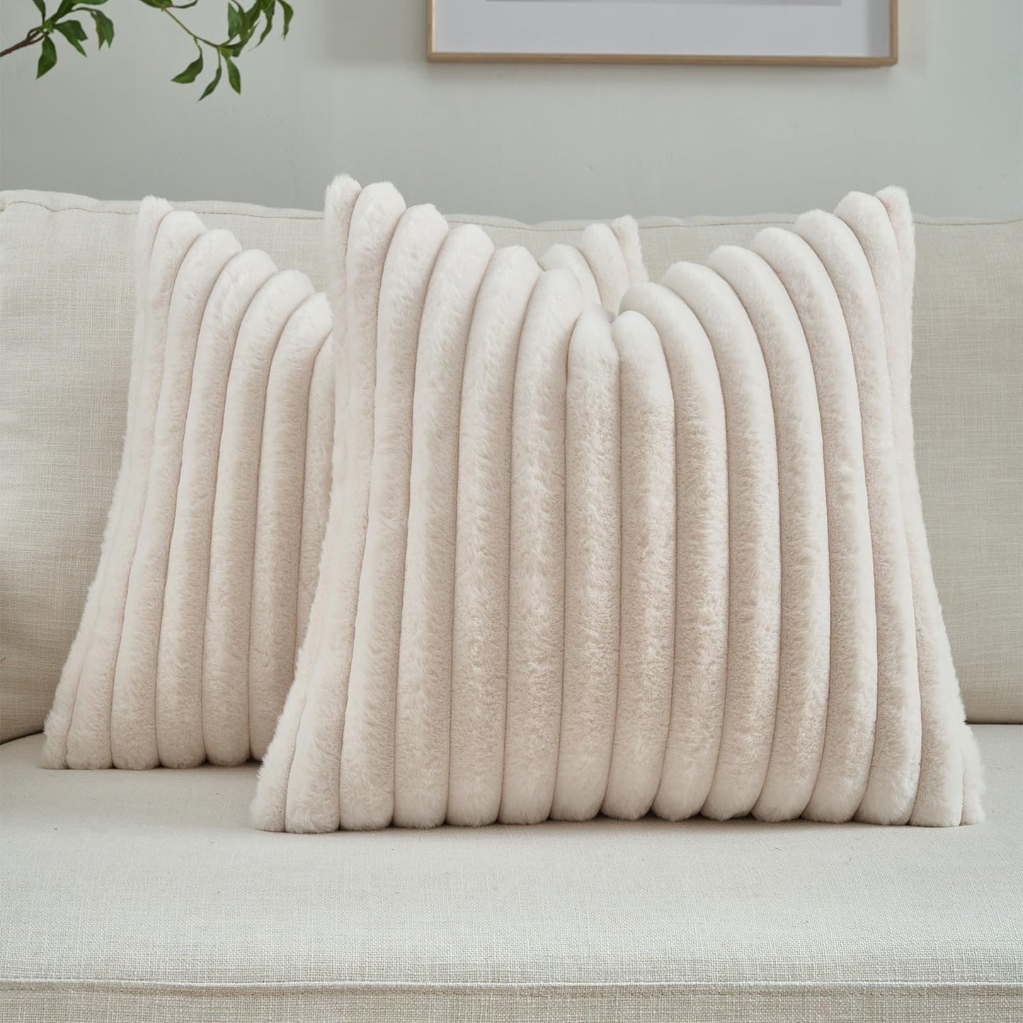 FUTEI Pack of 2 Faux Fur Throw Pillow Covers 18x18 Inch, Cream White | Fluffy Faux Rabbit Fur Front/Premium Velvet Back,Hidden Zipper,Machine Washable,Non-Shedding,Colorfast,Insert Not Included.