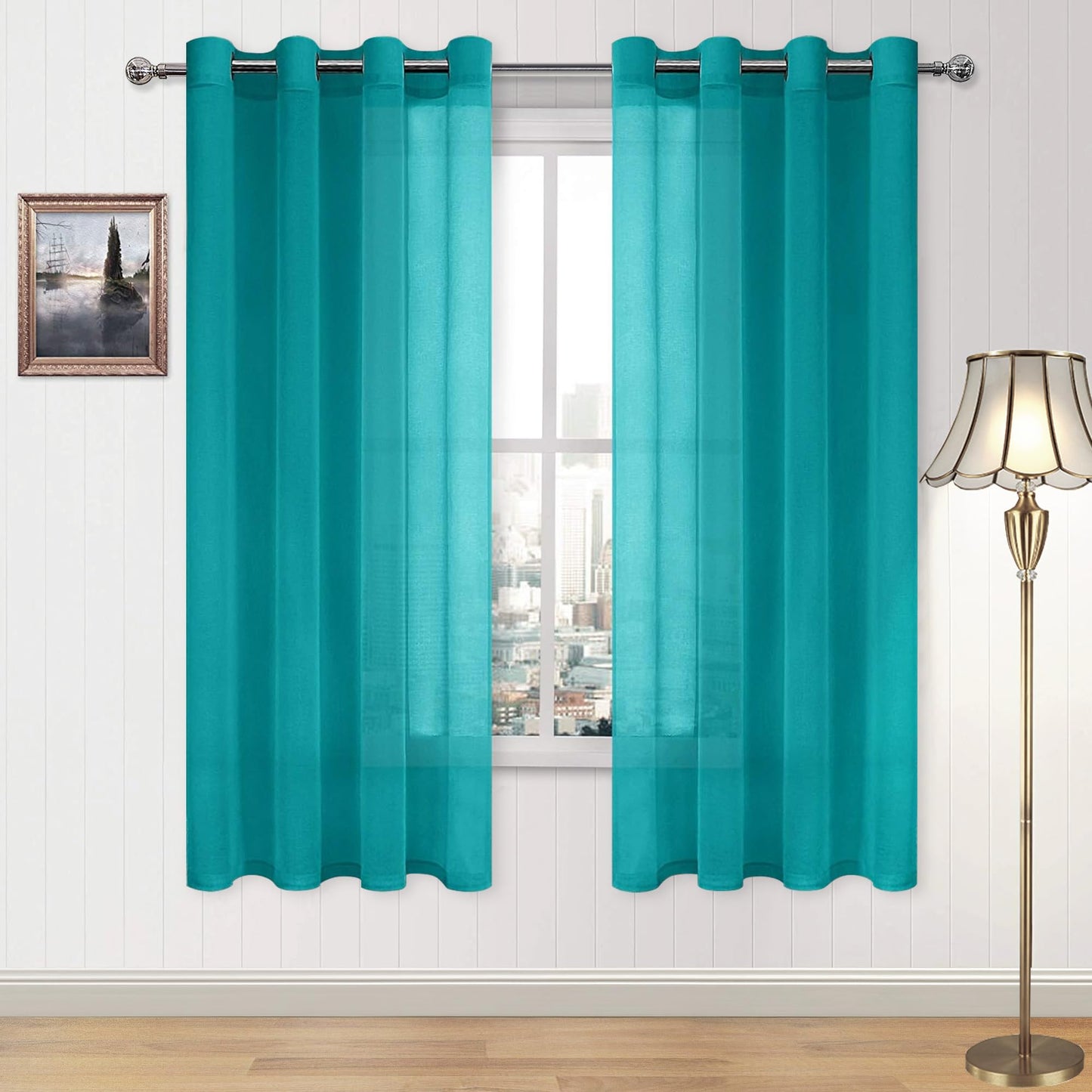 DWCN White Sheer Curtains Linen Look Semi Transparent Voile Grommet White Curtains for Living Dining Room Drapes 52 x 84 Inch Long, Set of 2 Panels
