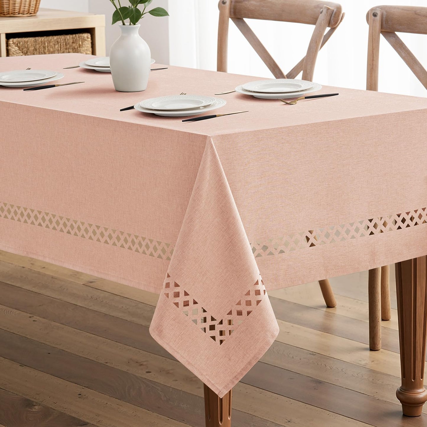 MIULEE Beige Rectangle Tablecloth with Decorative Cutouts 52x70 Inch | Waterproof Stain Resistant & Shrink-Proof Table Cloth, Farmhouse Style, for Dining Wedding Kitchen Party Outdoor