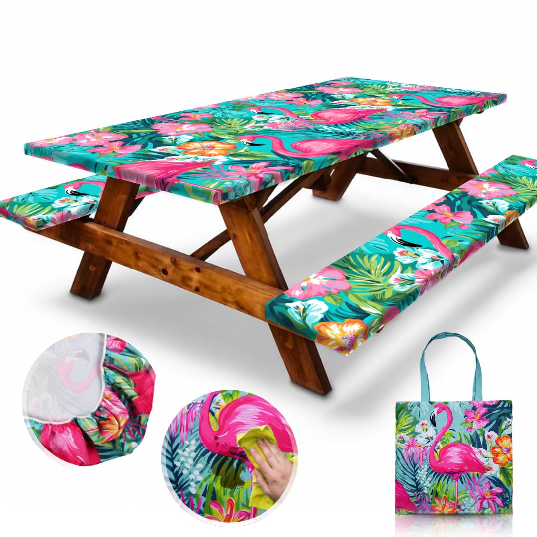 Vinyl Fitted Picnic Table Cover with Bench Covers & Blue 6ft Blue Checkered | Vinyl Fitted Picnic Table Cover with Bench Covers and Bag, Outdoor Waterproof Windproof Picnic Tablecloth with Elastic Edges.