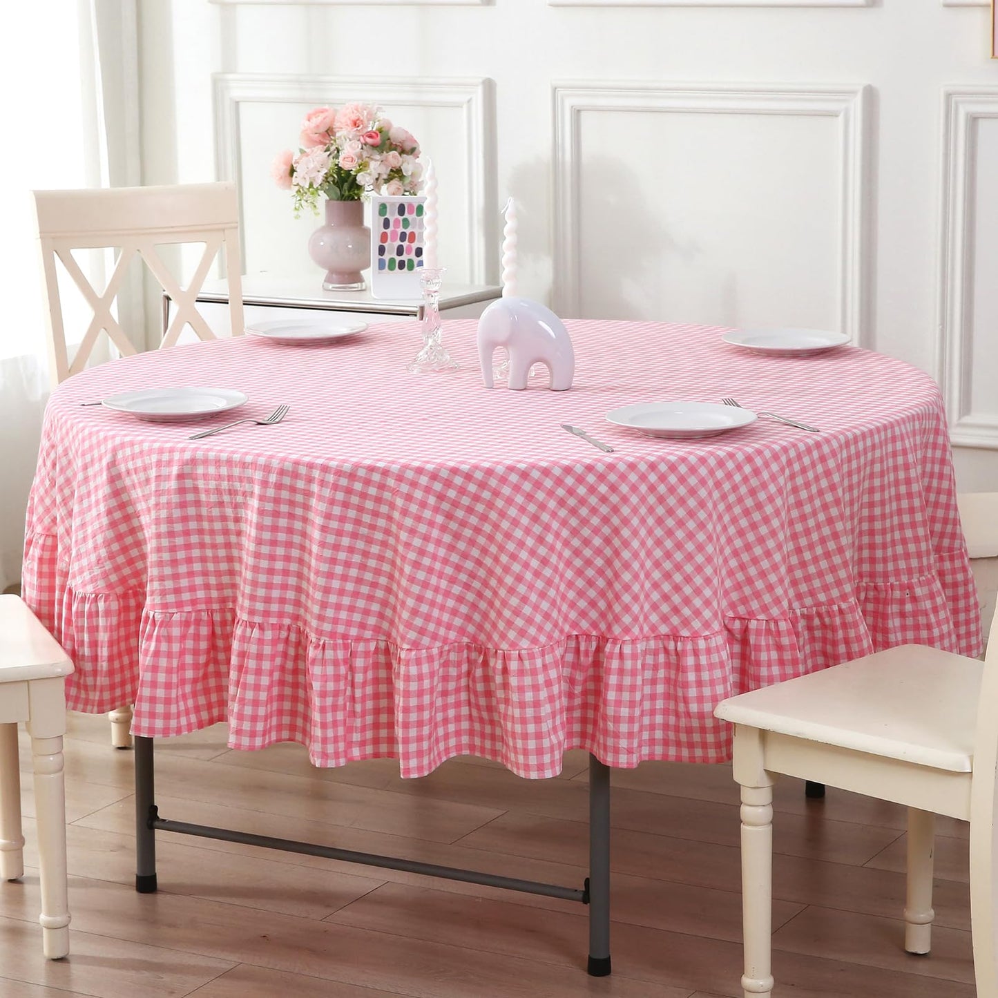Blush White Gingham Ruffled Table Cloth Rectangular 120“x60” | 100% Washed Cotton, for Seat 8-10, Buffet Picnic Baby Shower Party Tablecloth, Decorative Checker Plaid Farmhouse Table Cover