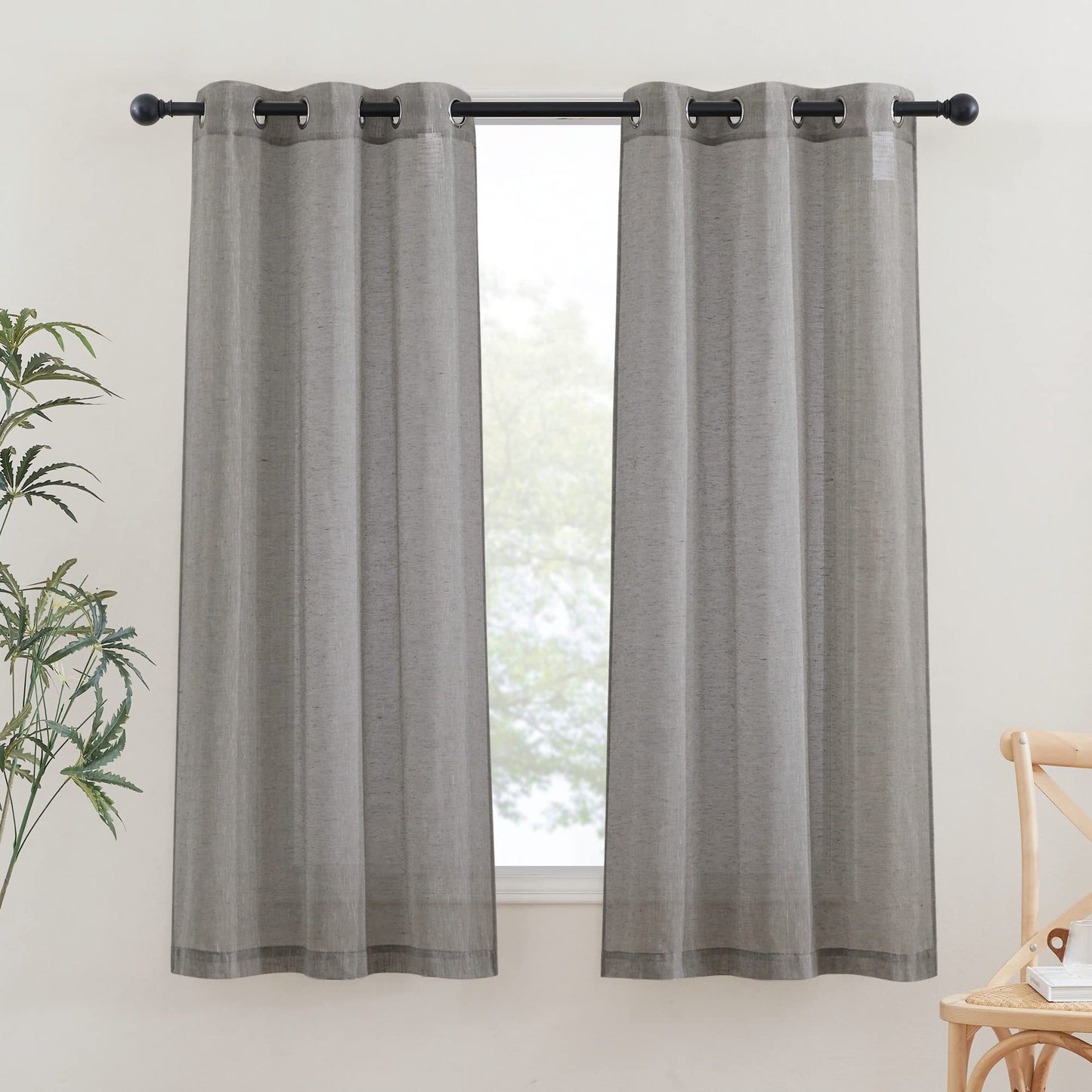 NICETOWN White Sheer Linen Curtains for Living Room 84 inch Length 2 Panels Set, Grommet Semi Sheer Privacy with Light Filtering Flax Window Treatments for Bedroom, W52 x L84