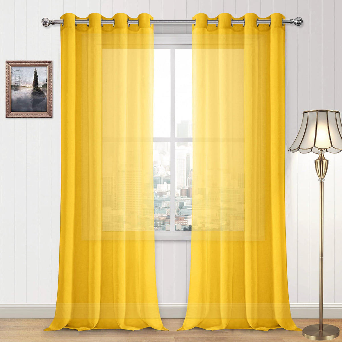 DWCN White Sheer Curtains Linen Look Semi Transparent Voile Grommet White Curtains for Living Dining Room Drapes 52 x 84 Inch Long, Set of 2 Panels
