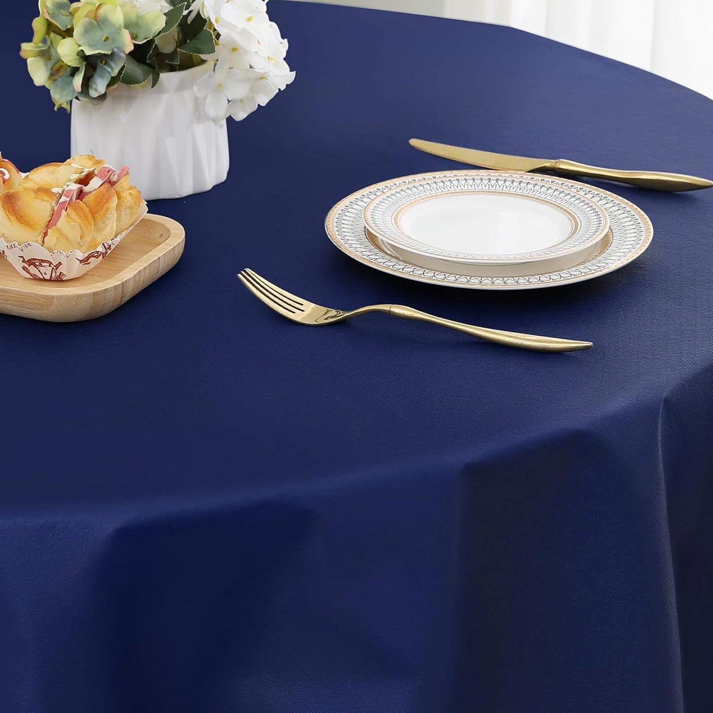 Round Navy Blue Vinyl Waterproof Tablecloth with Flannel Backed | Spillproof Wipe Clean Table Cloth, Plastic Flannel Backing for Dining, Buffet Parties Picnic Camping, 60"
