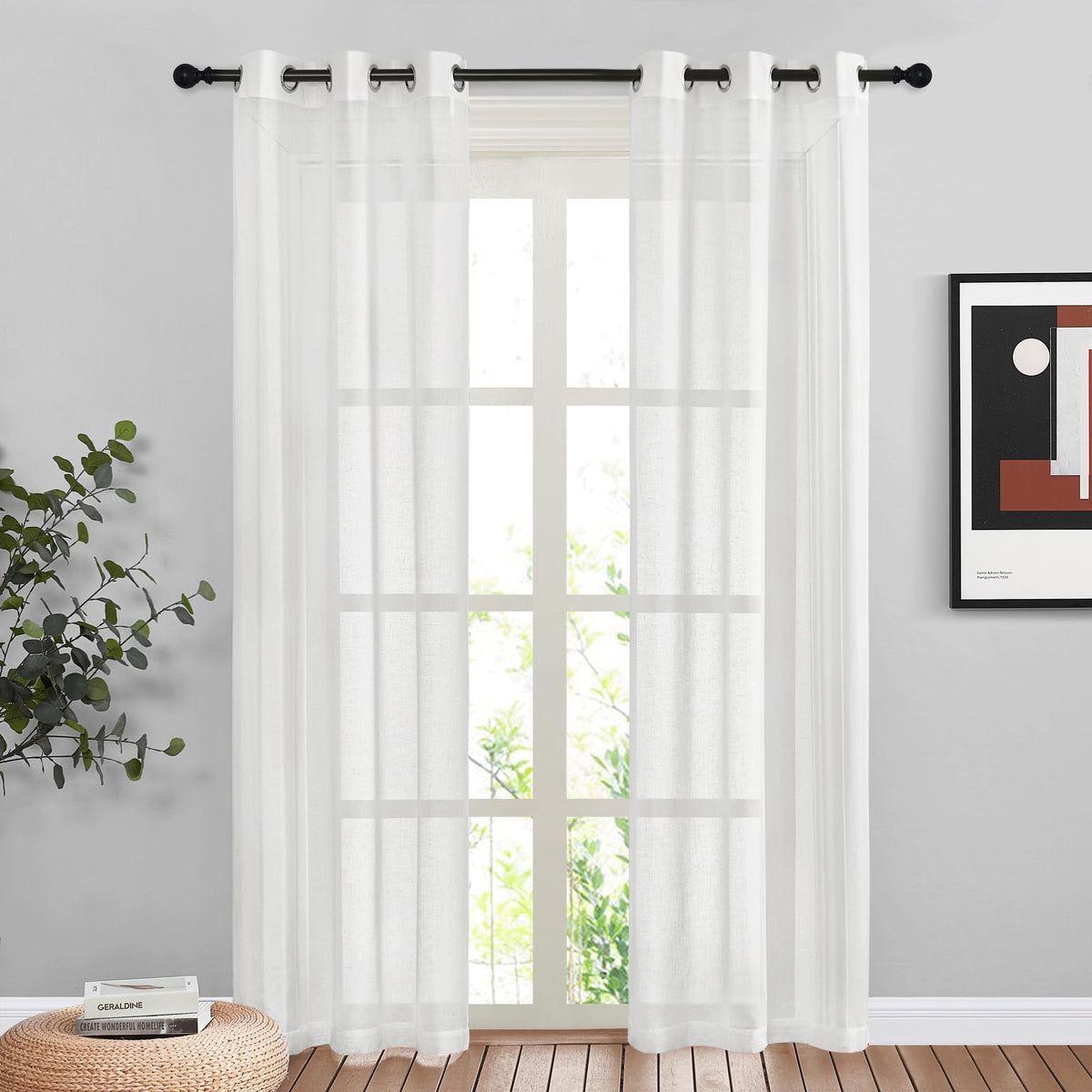 NICETOWN White Sheer Linen Curtains for Living Room 84 inch Length 2 Panels Set, Grommet Semi Sheer Privacy with Light Filtering Flax Window Treatments for Bedroom, W52 x L84