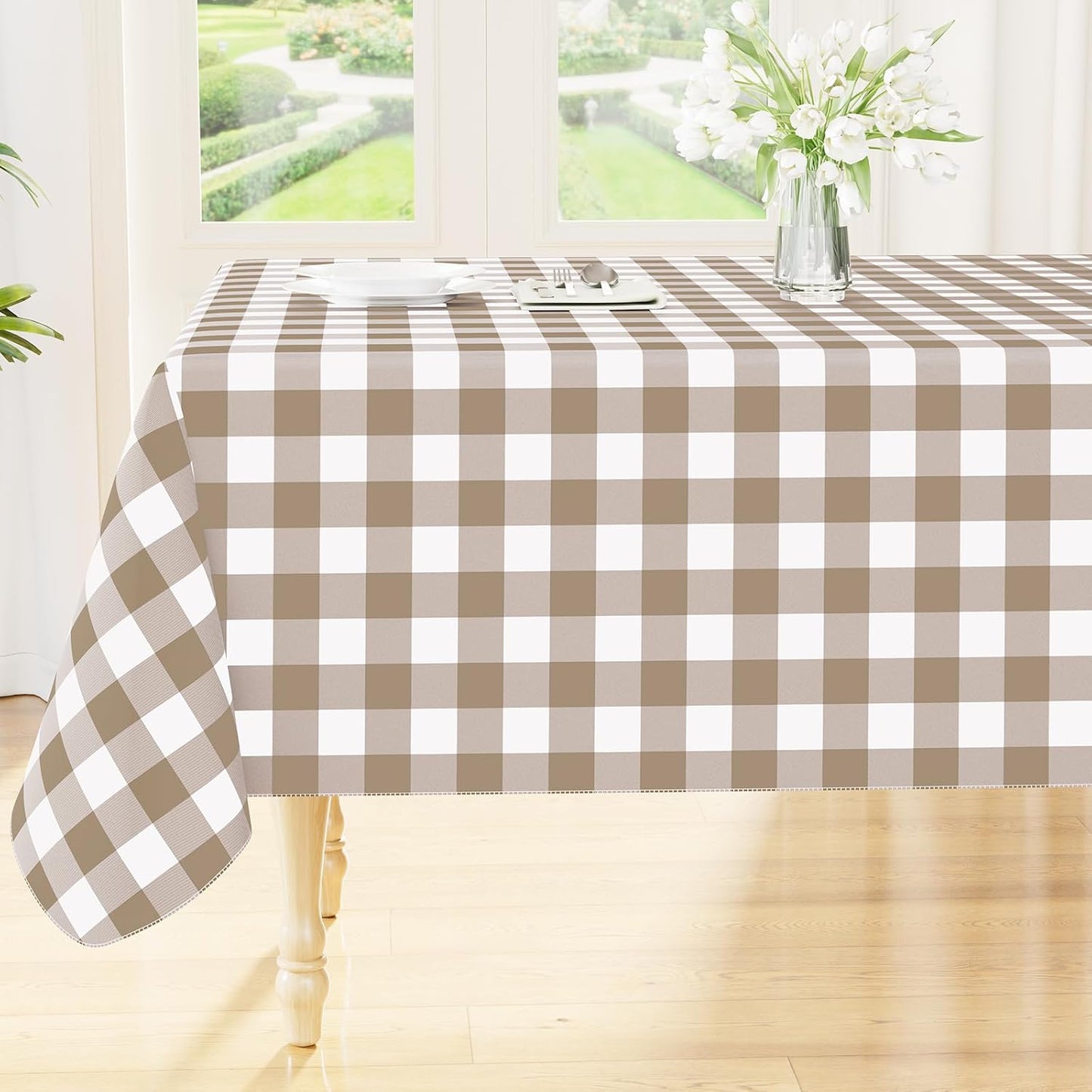 Smiry Picnic Table Cloth, Vinyl Tablecloths with Flannel Backing, 60"x84" | Waterproof Rectangle Table Cloth, Wipeable Buffalo Plaid Table Cover for Indoor and Outdoor (Khaki & White)