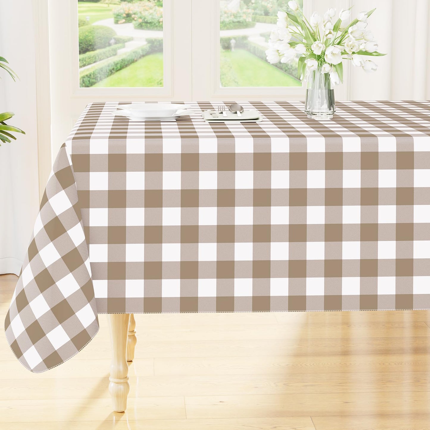 Smiry Picnic Table Cloth, Vinyl Tablecloths with Flannel Backing, 60"x84" | Waterproof Rectangle Table Cloth, Wipeable Buffalo Plaid Table Cover for Indoor and Outdoor (Khaki & White)