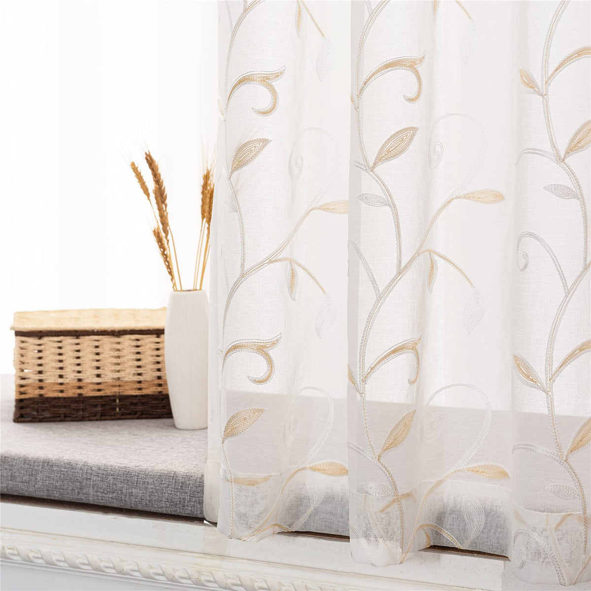 Sheer Curtains Boho Leaf Floral Embroidered Cream Beige 54Wx84L | Light Filtering Semi Sheer Voile Curtains With Design, Rod Pocket Window Drapes for Bedroom Living Room 2 Panels