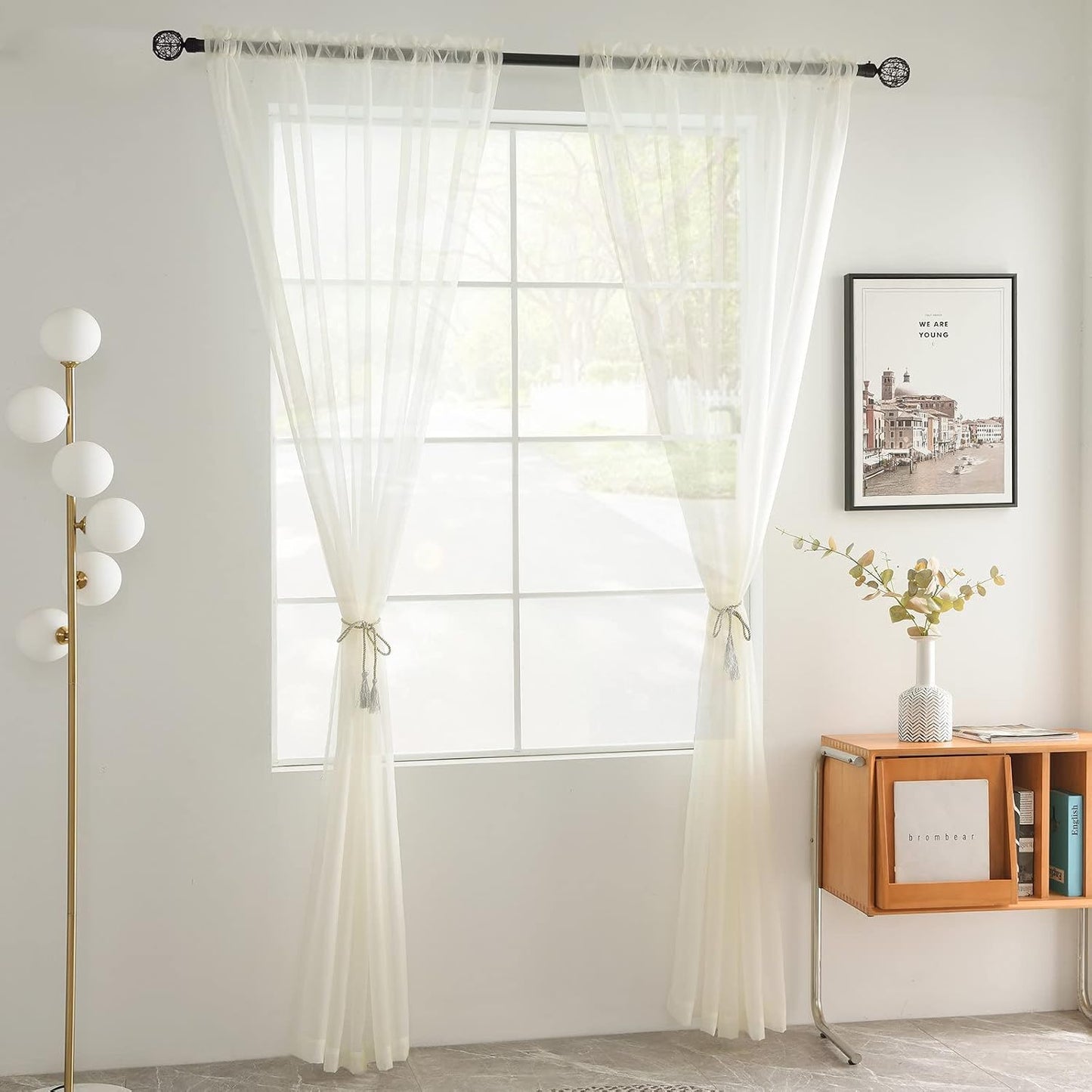 youleyar Solid Sheer Rod Pocket Curtain Voile Draperies 2 Panels White Beige Black Grey Coffee 52 Inch Width 84 Inch Long 1 Pair for Kitchen Bedroom Children Living Room Yard (Ivory,52W ｘ 84L)