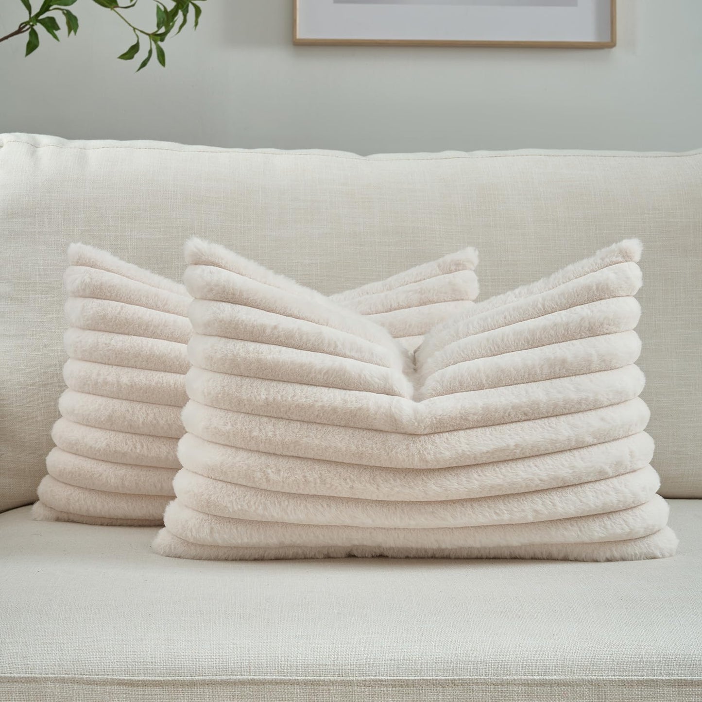 FUTEI Pack of 2 Faux Fur Throw Pillow Covers 18x18 Inch, Cream White | Fluffy Faux Rabbit Fur Front/Premium Velvet Back,Hidden Zipper,Machine Washable,Non-Shedding,Colorfast,Insert Not Included.
