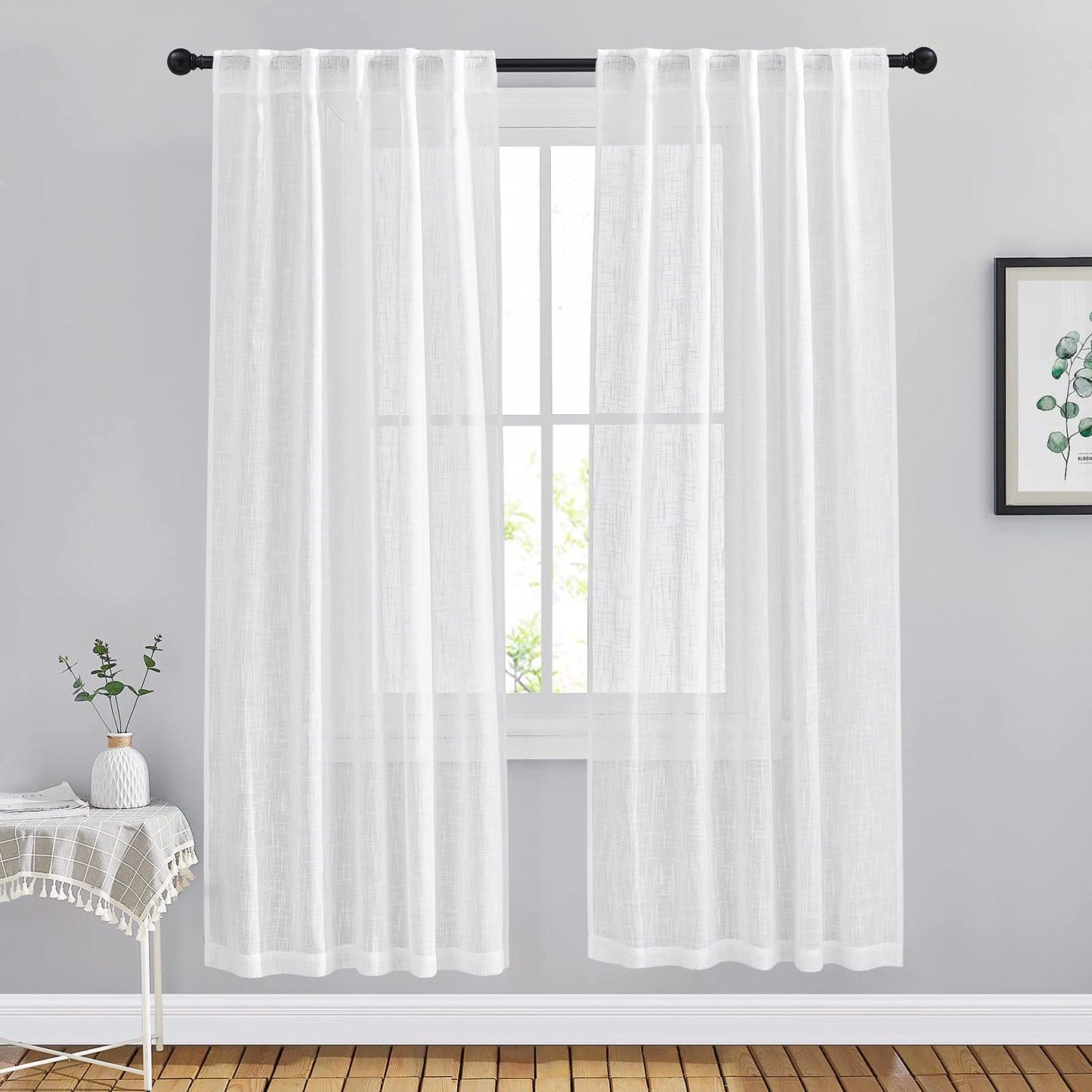 NICETOWN Flax Linen Curtains 84 inch Long, Rod Pocket & Back Tab Semi Sheer Vertical Drapes Privacy Added with Light Filtering for Bedroom/Living Room, Burlap, W52 x L84, 2 Pieces