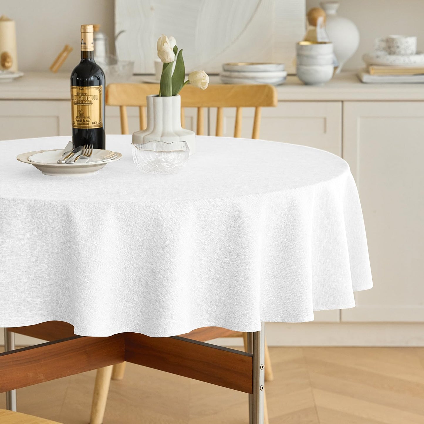 Decorelia Faux Linen Round Tablecloths 60 inch, Waterproof Decorative Washable Texture Rustic Circle Table Cloth Cover for Dining Kitchen Party Farmhouse Outdoor(Round (2-4 Seats),Sage Green)