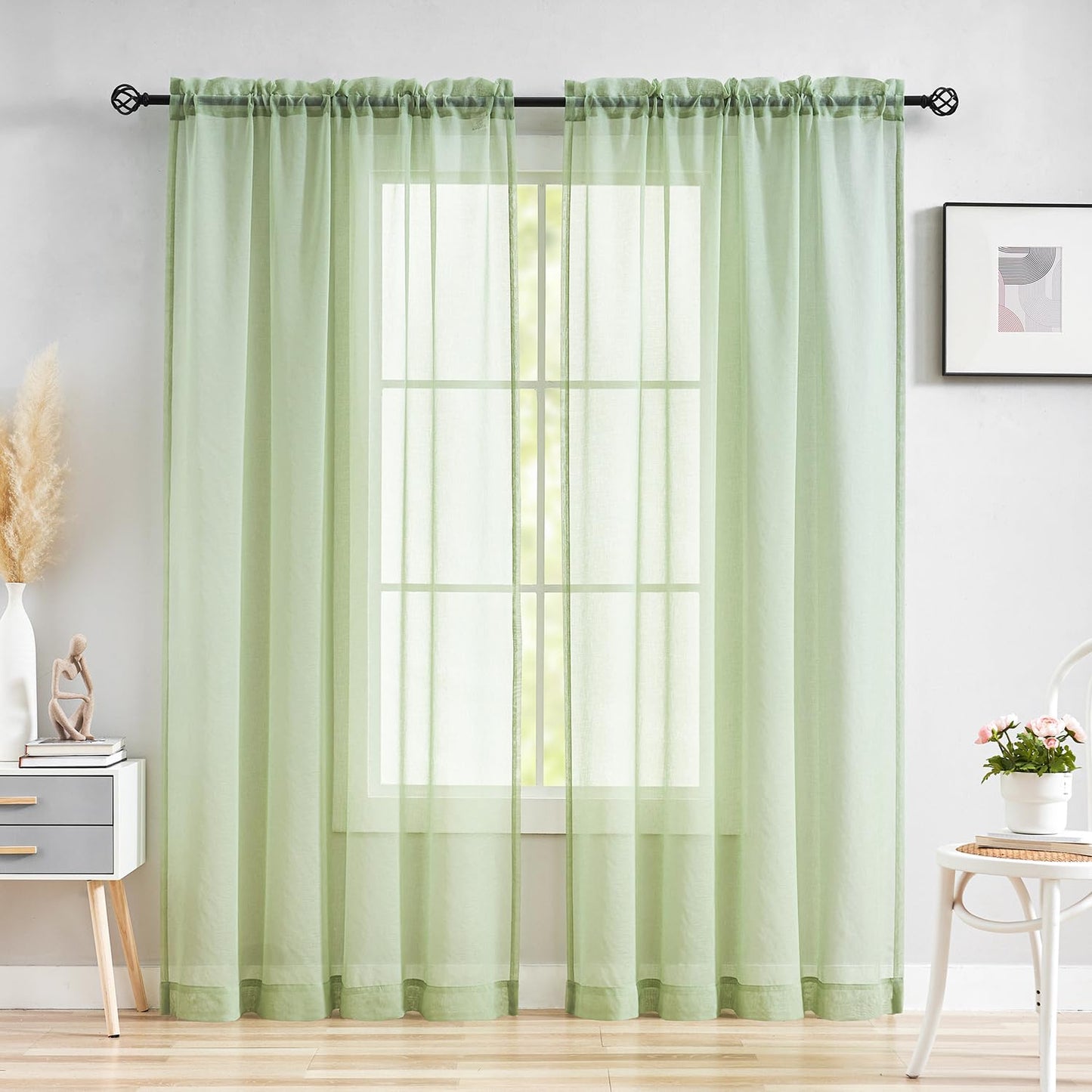 MYSTIC-HOME Sheer Curtains White 63 Inch Length, Rod Pocket Voile Drapes for Living Room, Bedroom, Window Treatments Semi Crinkle Curtain Panels for Yard, Patio, Villa, Parlor, Set of 2, 52"x 63"