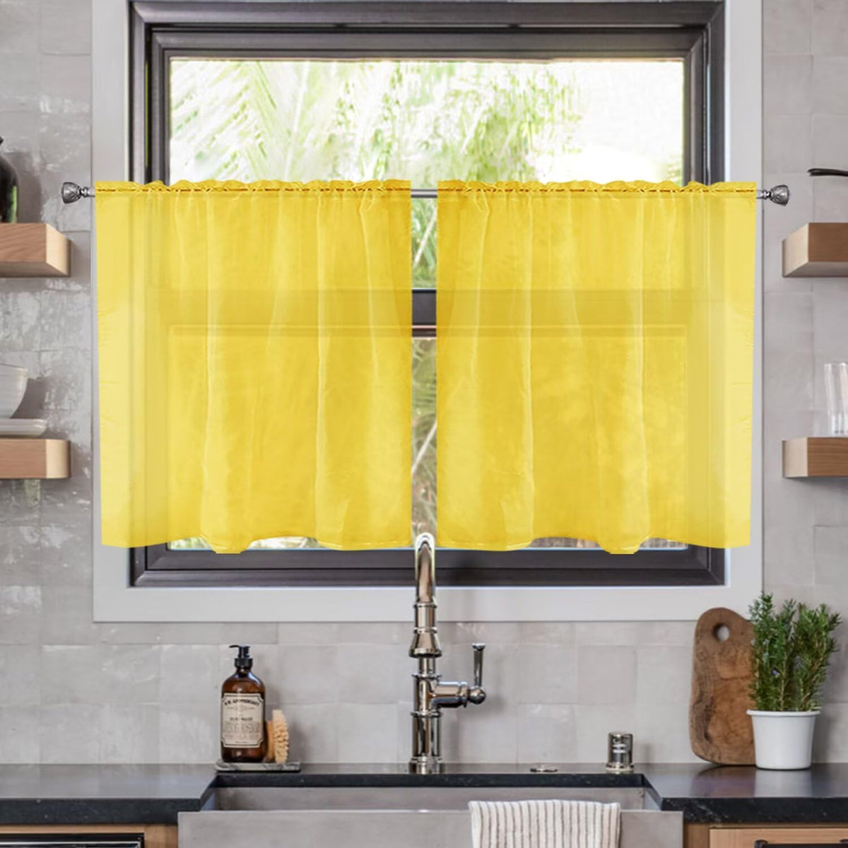 youleyar Solid Sheer Rod Pocket Curtain Voile Draperies 2 Panels White Beige Black Grey Coffee 52 Inch Width 84 Inch Long 1 Pair for Kitchen Bedroom Children Living Room Yard (Ivory,52W ｘ 84L)
