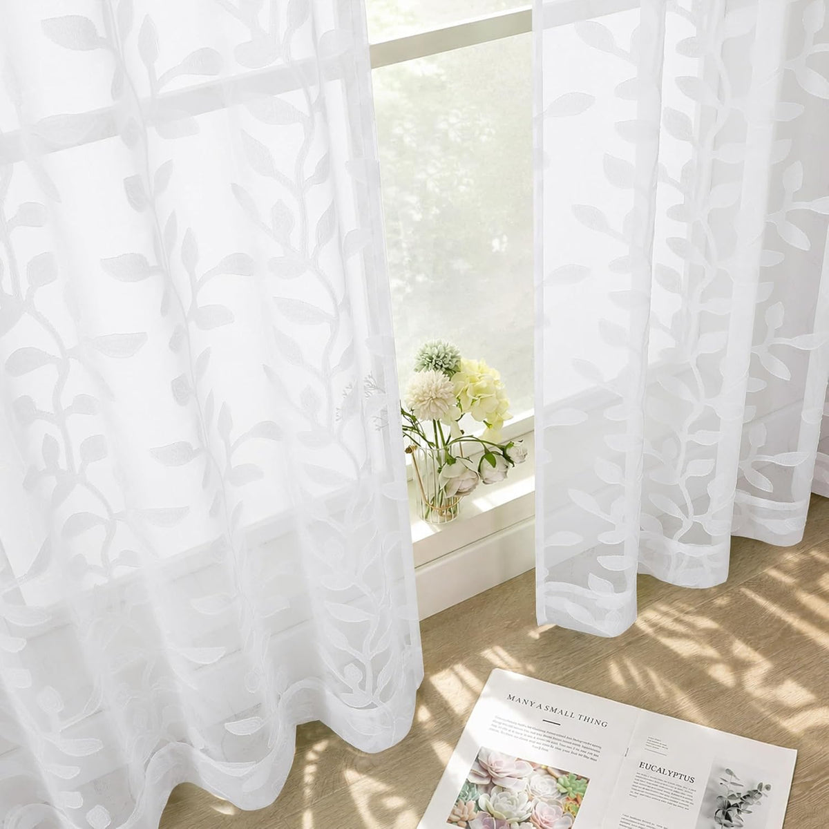 White Sheer Curtains 84 Inches Long - Light Filtering Leaf Jacquard Textured Semi Sheer Curtains, Rod Pocket Drapes for Living Room Bedroom 2 Panels Set, 2x37Wx84L Inches