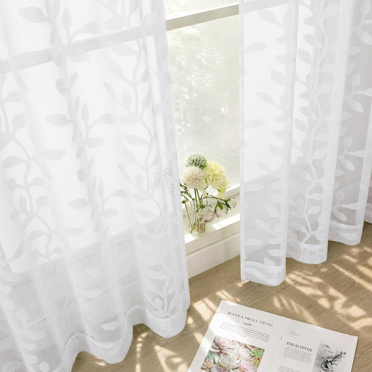 White Sheer Curtains 84 Inches Long - Light Filtering Leaf Jacquard Textured Semi Sheer Curtains, Rod Pocket Drapes for Living Room Bedroom 2 Panels Set, 2x37Wx84L Inches