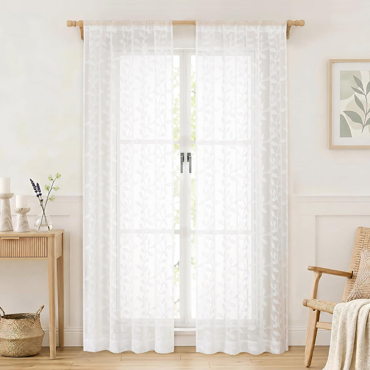 White Sheer Curtains 84 Inches Long - Light Filtering Leaf Jacquard Textured Semi Sheer Curtains, Rod Pocket Drapes for Living Room Bedroom 2 Panels Set, 2x37Wx84L Inches