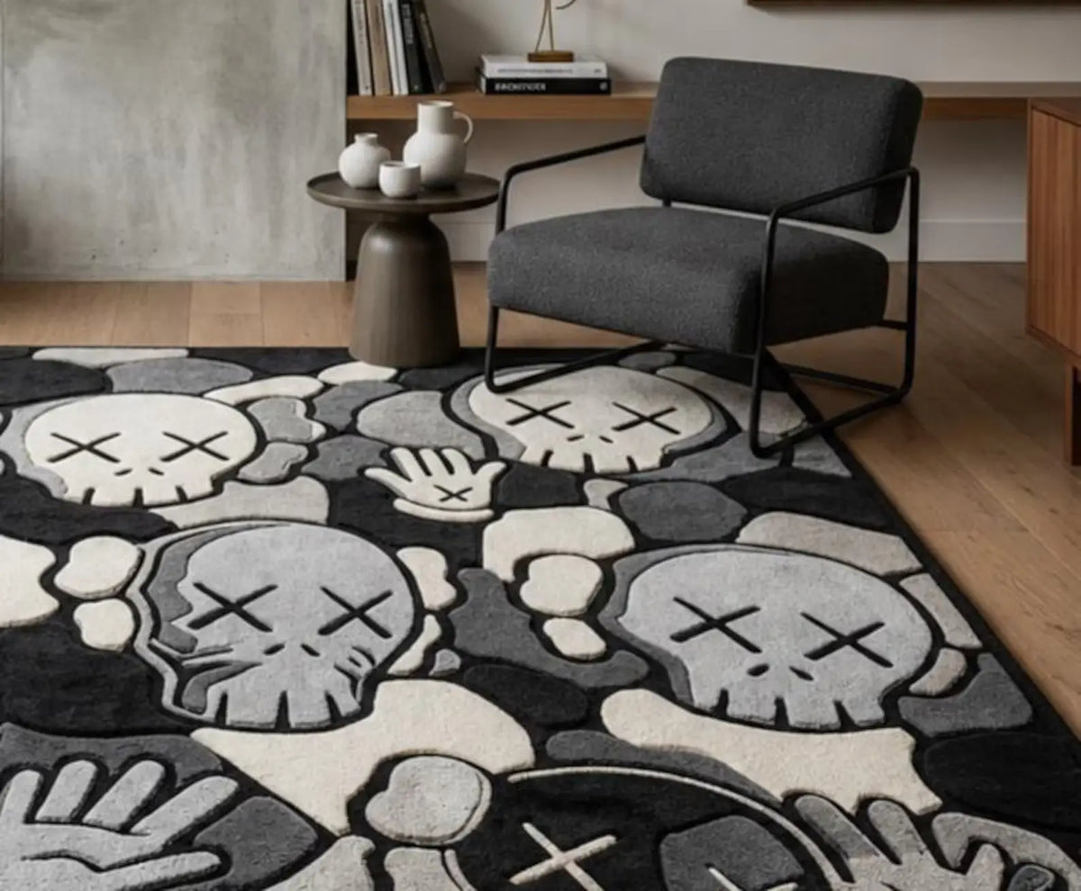 KAWS Inspired Large Hand-Tufted Wool Area Rug, Modern Abstract Grey Black Cream, Luxury Hypebeast Home Decor, Custom Sizes 8x10, 9x12, 10x14