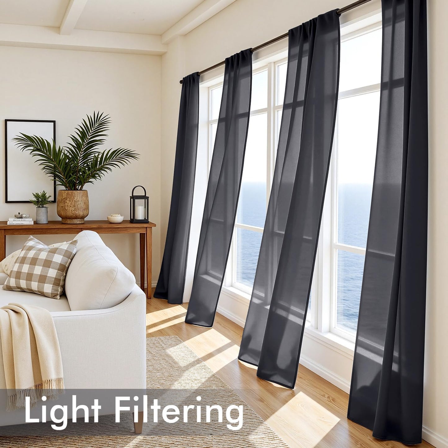 MIULEE Black Sheer Curtains 84 Inches Long 4 Panels 42 x 84 Inches | Light Filtering, Rod Pocket, Voile Drapes, Living Room, Bedroom, Window Treatments