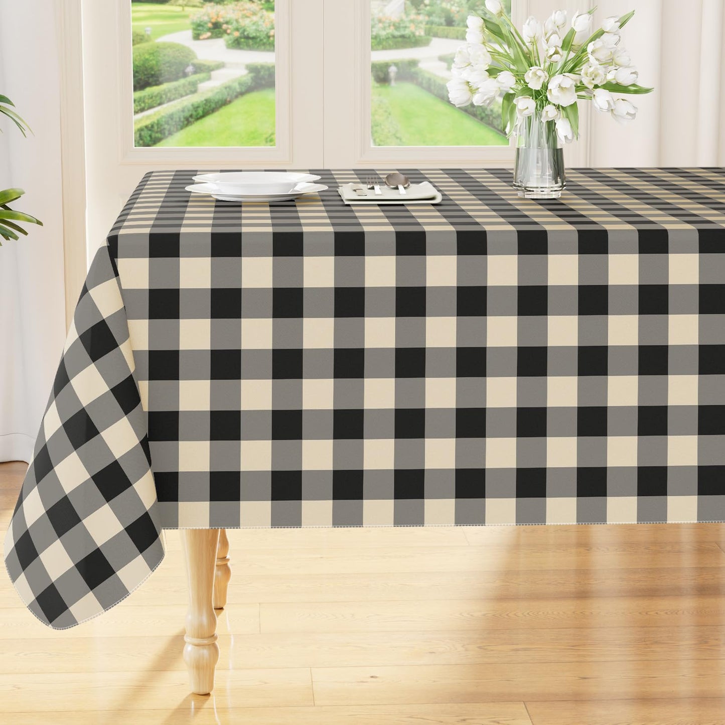 Smiry Picnic Table Cloth, Vinyl Tablecloths with Flannel Backing, 60"x84" | Waterproof Rectangle Table Cloth, Wipeable Buffalo Plaid Table Cover for Indoor and Outdoor (Khaki & White)