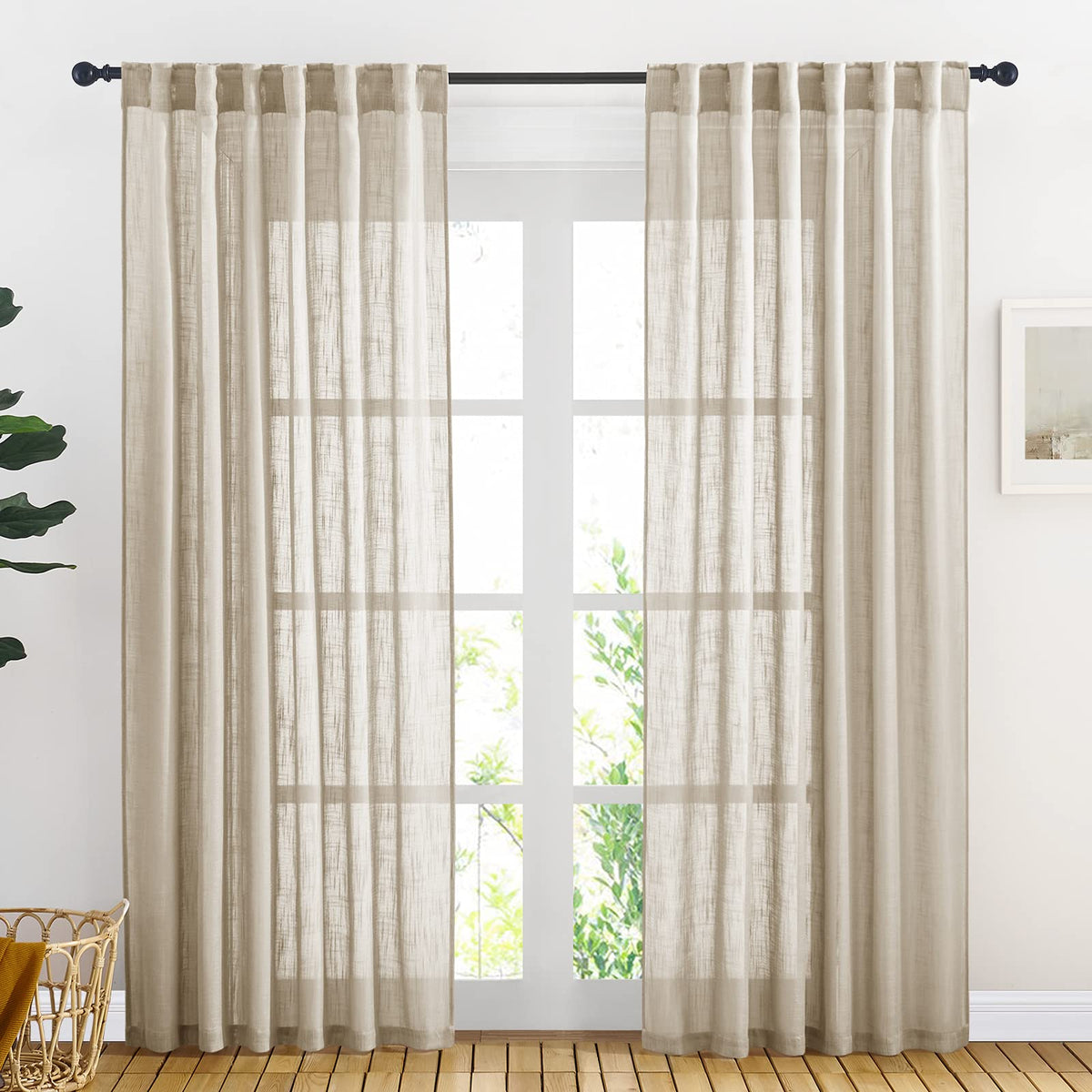 NICETOWN Flax Linen Curtains 84 inch Long, Rod Pocket & Back Tab Semi Sheer Vertical Drapes Privacy Added with Light Filtering for Bedroom/Living Room, Burlap, W52 x L84, 2 Pieces