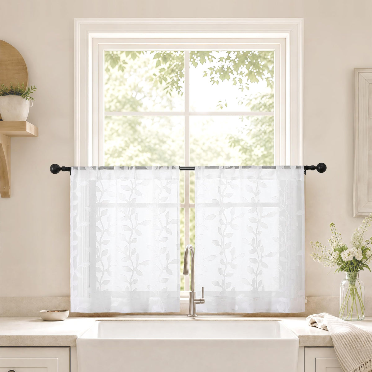 White Sheer Curtains 84 Inches Long - Light Filtering Leaf Jacquard Textured Semi Sheer Curtains, Rod Pocket Drapes for Living Room Bedroom 2 Panels Set, 2x37Wx84L Inches