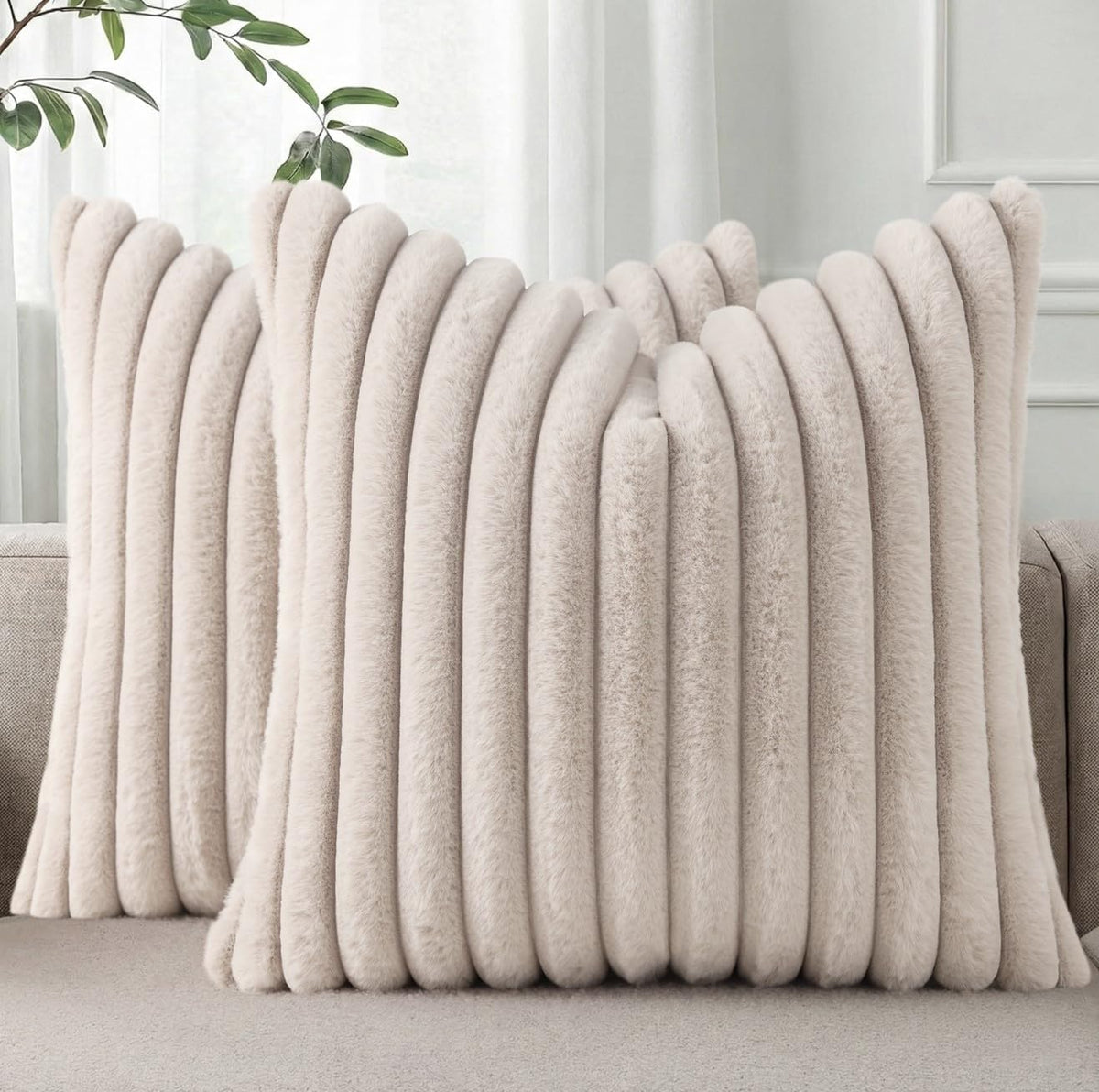 Pallene Faux Fur Decorative Throw Pillow Covers 18x18 Set of 2, Cream White | Luxury Plush Texture, Striped Design, Cozy Soft Touch, Modern Home Accent Decor for Couch, Sofa, Bed, Living Room