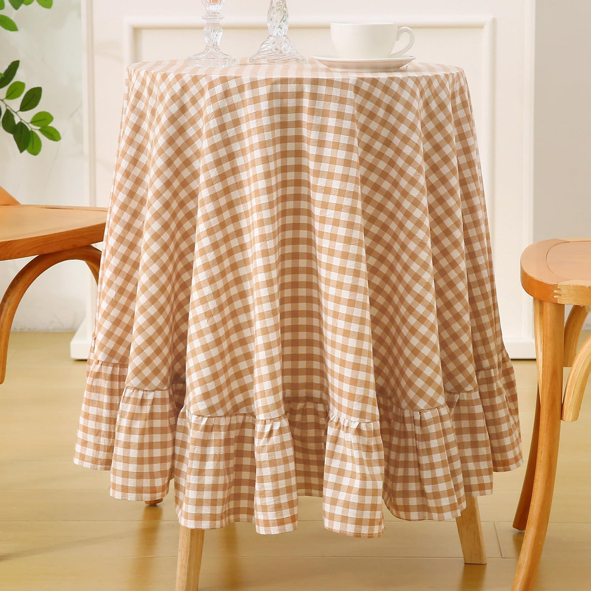 Blush White Gingham Ruffled Table Cloth Rectangular 120“x60” | 100% Washed Cotton, for Seat 8-10, Buffet Picnic Baby Shower Party Tablecloth, Decorative Checker Plaid Farmhouse Table Cover