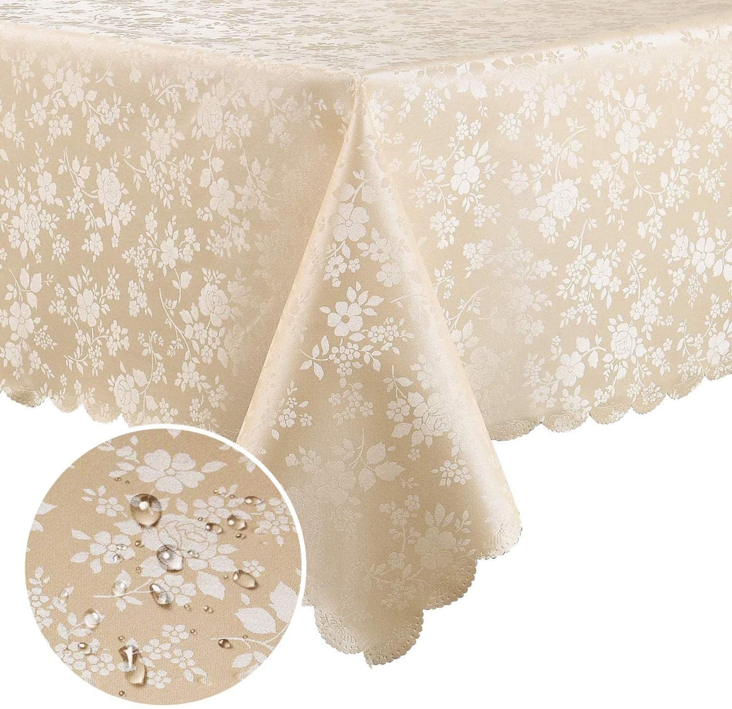 Smiry Rectangle Waterproof Heavy Duty Vinyl Tablecloths, 60 x 84 Inch | Wipeable Washable Floral Embossed Table Cover for Kitchen and Dining Room, Indoor & Outdoor Use, Beige