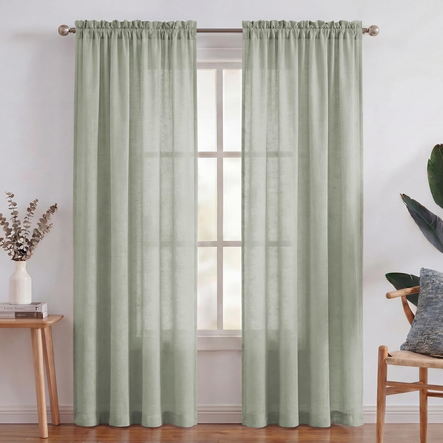 Turquoize White Linen Curtains 96 Inches Long Semi Sheer Curtains Light Filtering Linen Drapes for Living Room/Bedroom 2 Panels Set Rod Pocket Window Treatments Panels,W52 x L96, White