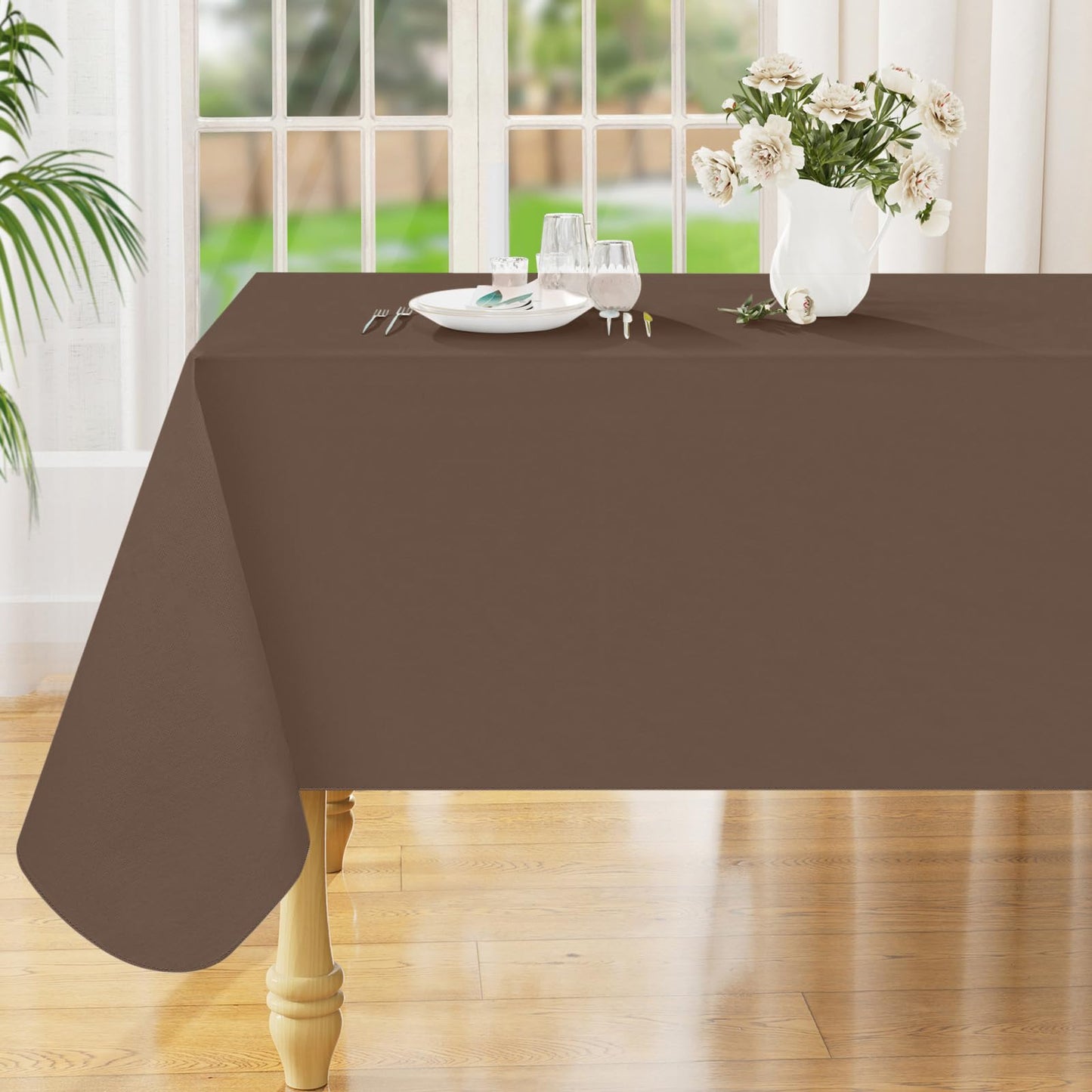 Smiry Rectangle Table Cloth 60x84 Inch, Waterproof Wipeable Vinyl Tablecloths Protector, Oil Spill Proof Plastic Table Cover for Dining, Picnic, Camping, Outdoor, Beige