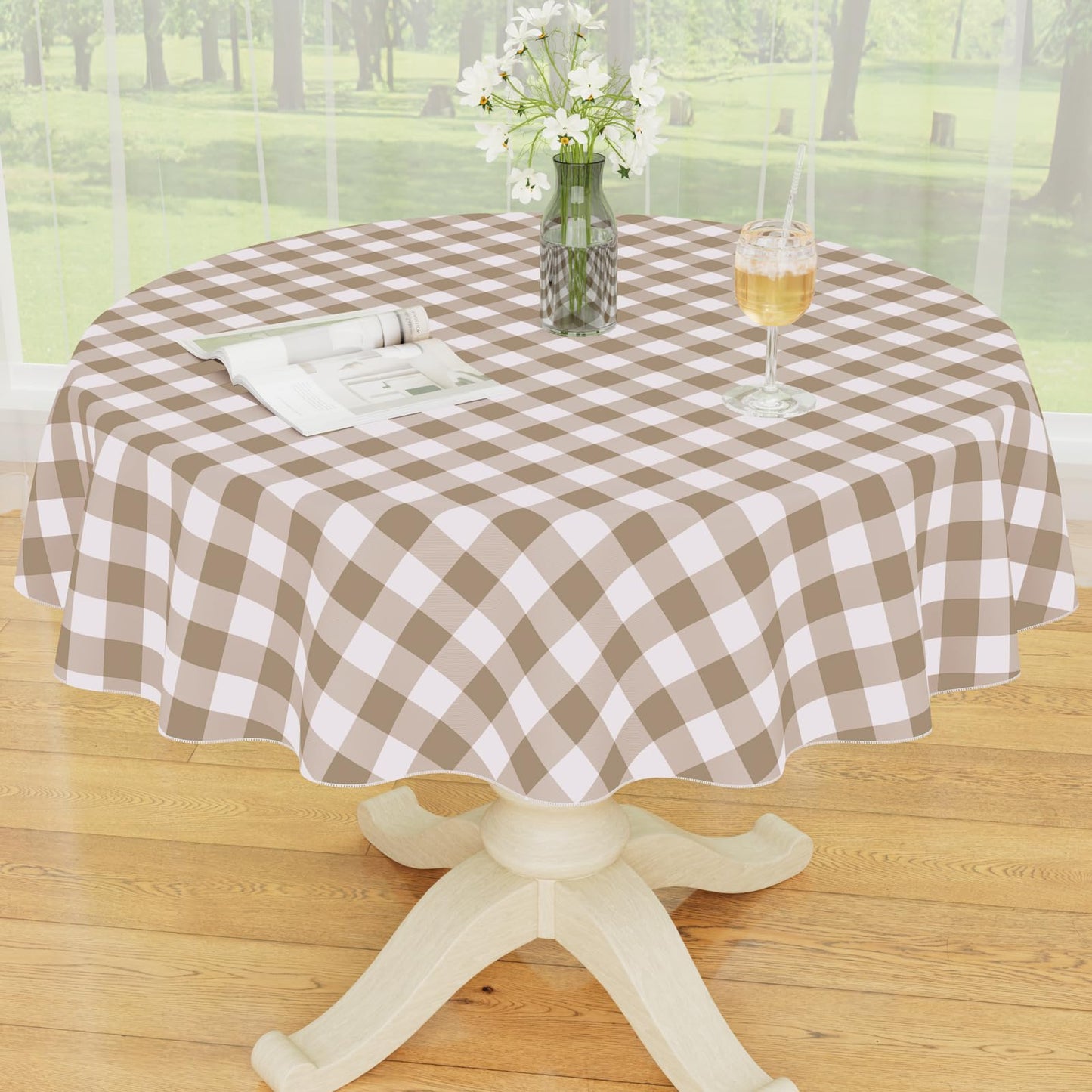 Smiry Picnic Table Cloth, Vinyl Tablecloths with Flannel Backing, 60"x84" | Waterproof Rectangle Table Cloth, Wipeable Buffalo Plaid Table Cover for Indoor and Outdoor (Khaki & White)