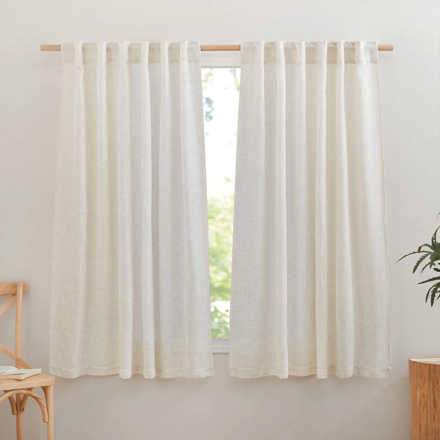 NICETOWN Flax Linen Curtains 84 inch Long, Rod Pocket & Back Tab Semi Sheer Vertical Drapes Privacy Added with Light Filtering for Bedroom/Living Room, Burlap, W52 x L84, 2 Pieces