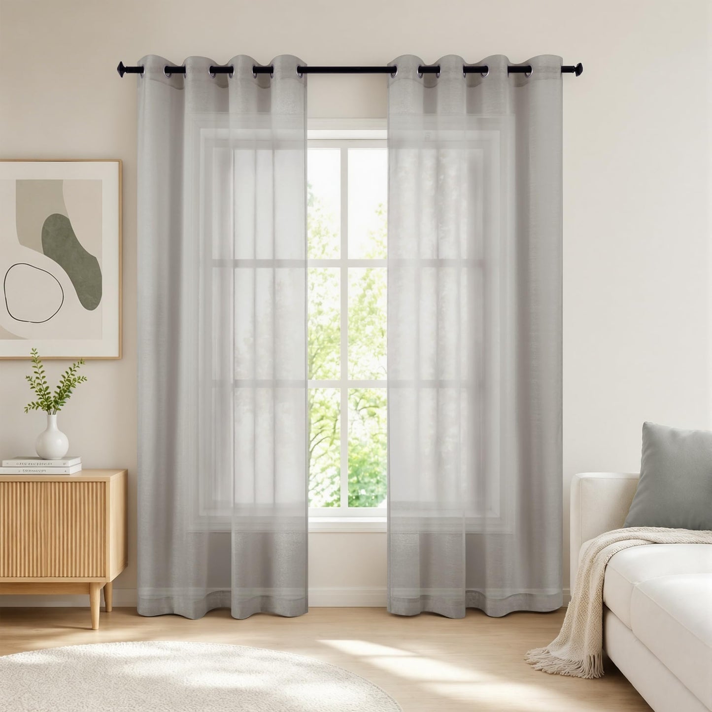 White Sheer Curtains 84 Inches Long Set 2 Panels Grommet Pair Faux Linen Semi Transparent Drape Tulle Gauze Voile Window Sheer Curtains for Bedroom Living Room Dining Wide 52 Length Solid Pack