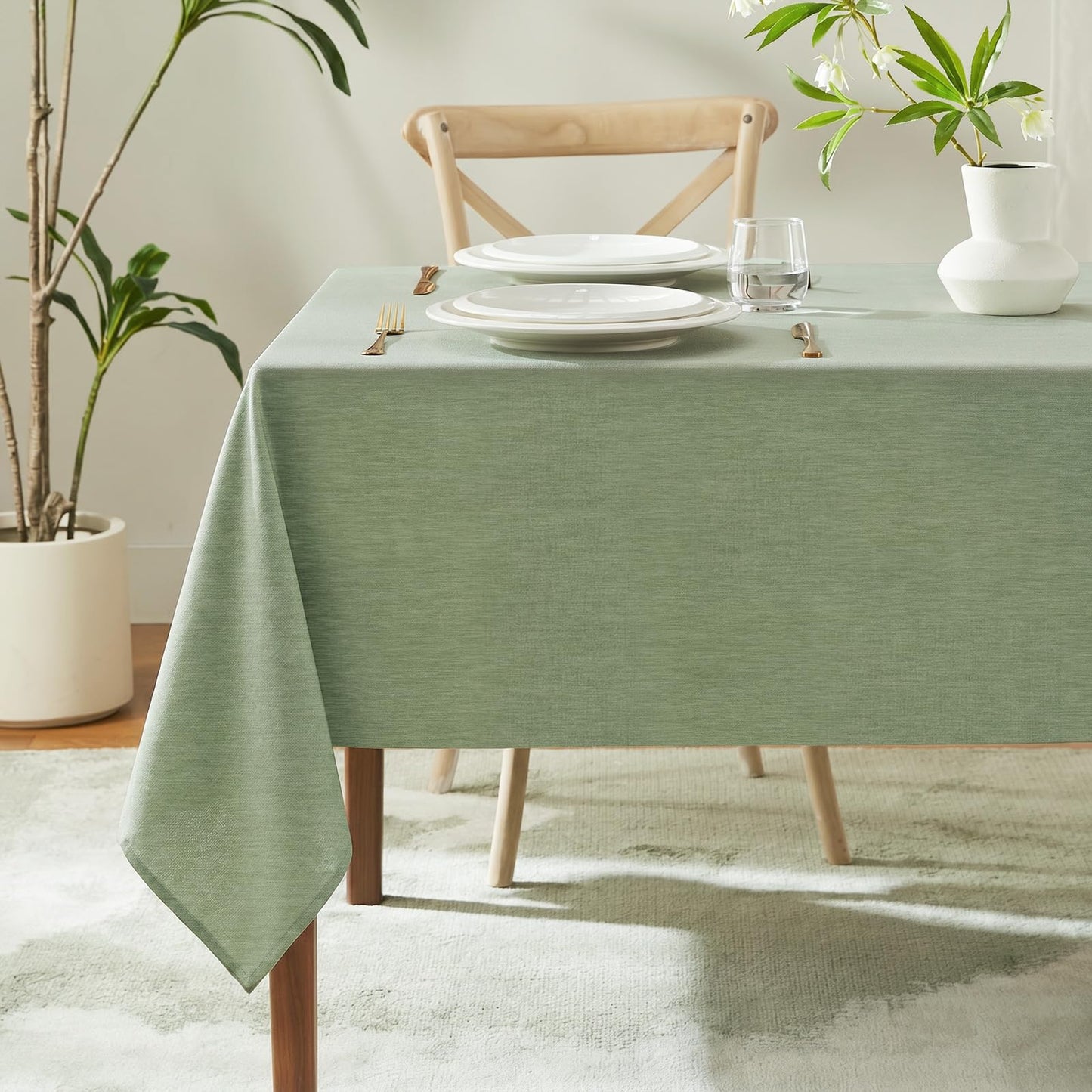 IVAPUPU Textured Linen Rectangle Table Cloth, Sage Green, 52 x 70 Inch | Waterproof Wrinkle-free & Wipeable Tablecloths Rectangular, for Kitchen Wedding Outdoor Birthday Dining Farmhouse Decor