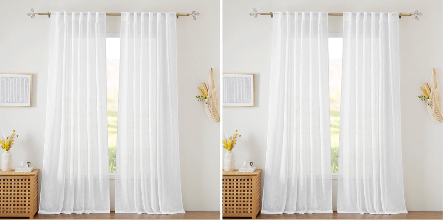 RYB HOME White Sheer Curtains for Living Room Patio Glass Door, W52 x L95 | Linen Texture, Light Filtering Privacy, Airy Translucent, Back Tab, Bedroom Office Balcony, W52 x L95, 2 Panels