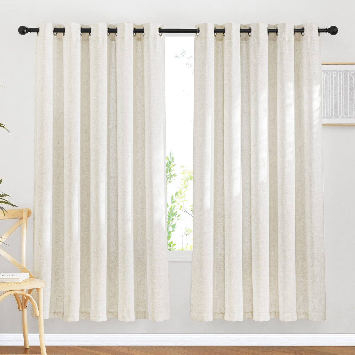 NICETOWN White Sheer Linen Curtains for Living Room 84 inch Length 2 Panels Set, Grommet Semi Sheer Privacy with Light Filtering Flax Window Treatments for Bedroom, W52 x L84