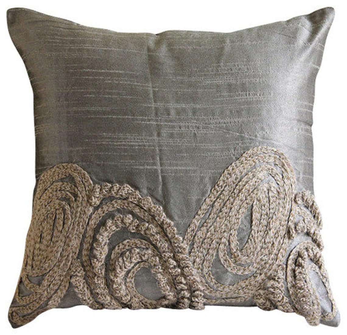 HomeCentric Silver Faux Leather Pearl Leaves Pillow, 24x24 inch, Silk, Contemporary Floral - Silver Beauty