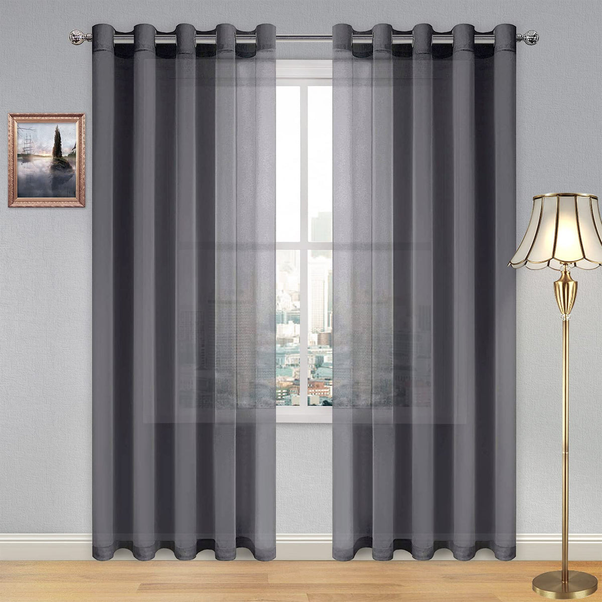 DWCN White Sheer Curtains Linen Look Semi Transparent Voile Grommet White Curtains for Living Dining Room Drapes 52 x 84 Inch Long, Set of 2 Panels