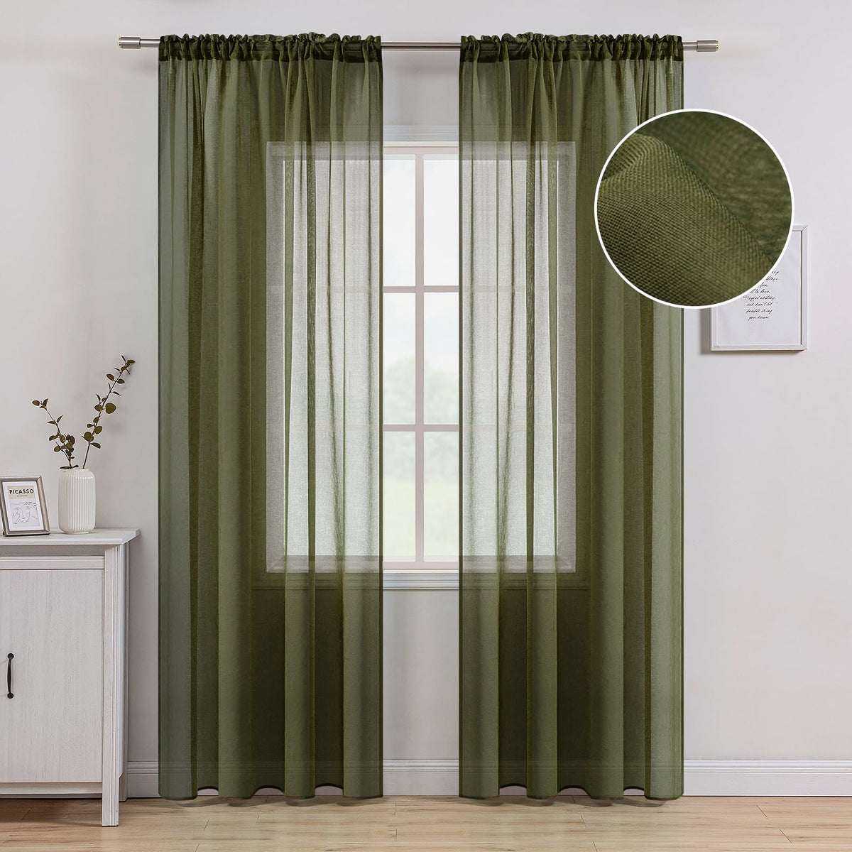 MIULEE Semi White Linen Textured Sheer Curtains 42W×84L Rod Pocket 2 Panels | Semi Transparent, Farmhouse, Window Net Panels with Rod Pocket for Bedroom Living Room