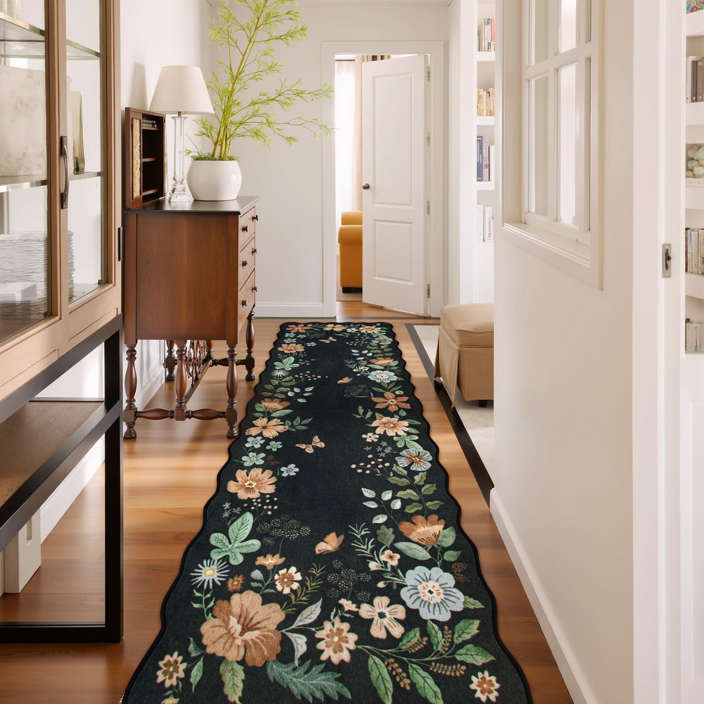 Lahome Floral Washable Living Room Rug, 5x7 Area Rugs for Bedroom Soft | Dining Room Rug Ultra-Thin Non Slip Stain Resistant Boho Low-Pile Throw Carpet for Office Flore (5x7ft, Beige)