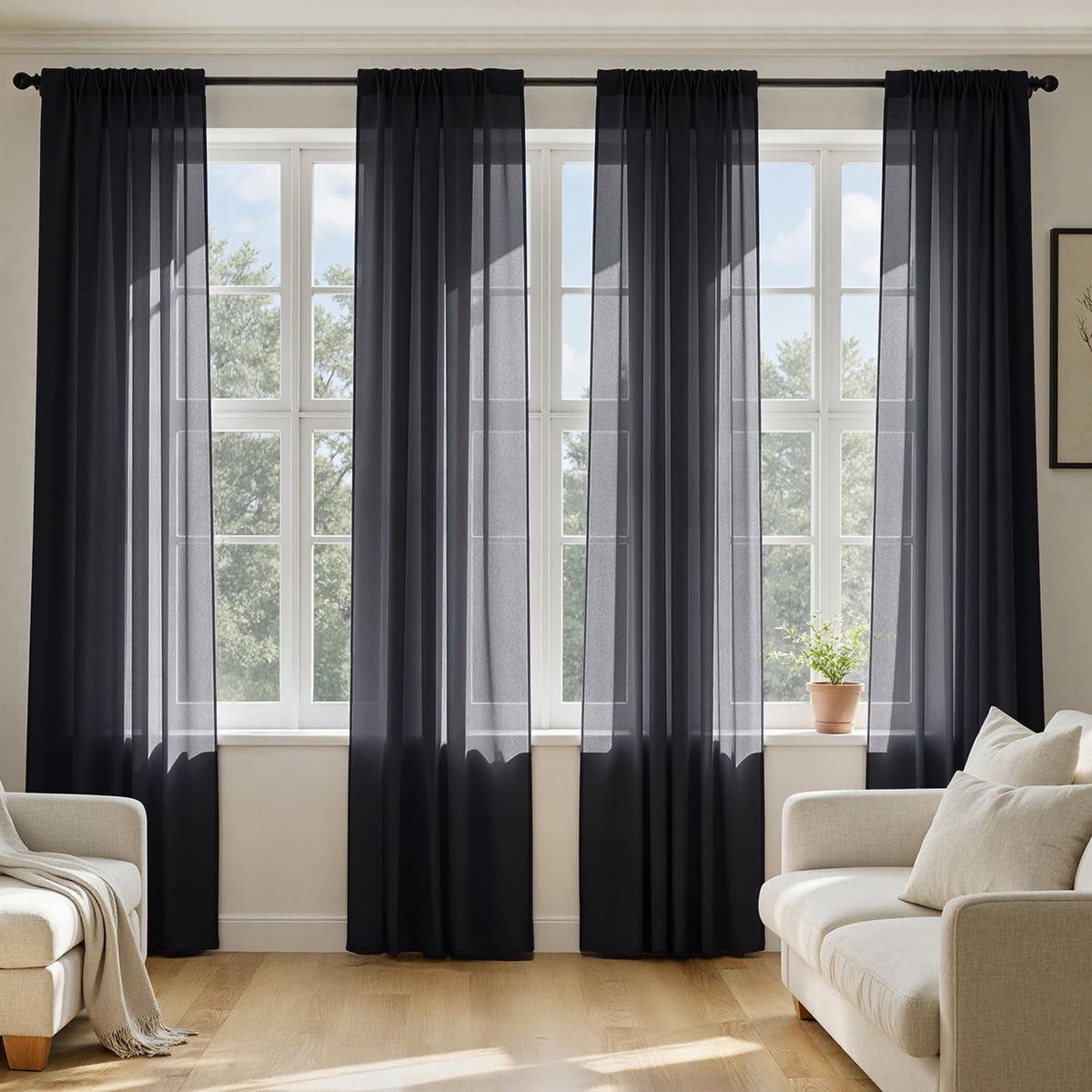 MIULEE Black Sheer Curtains 84 Inches Long 4 Panels 42 x 84 Inches | Light Filtering, Rod Pocket, Voile Drapes, Living Room, Bedroom, Window Treatments