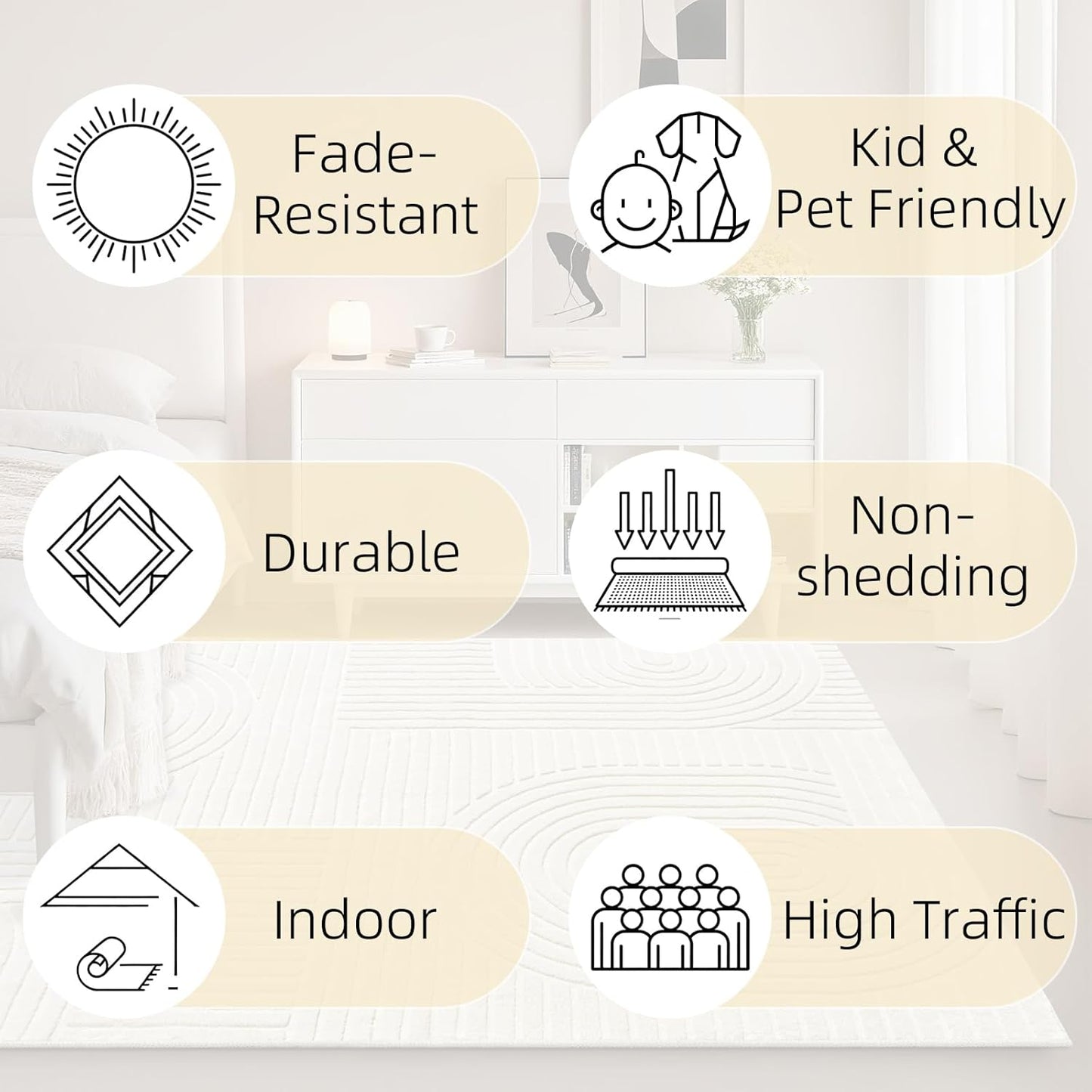 Beige Solid Area Rug 8x10, Washable Rugs for Living Room Bedroom | Modern Neutral Boho Geometric High-Low Pile Carpet, Soft, Fluffy Non-Slip Rugs for Nursery, Kids Room, Apartment, Home Office
