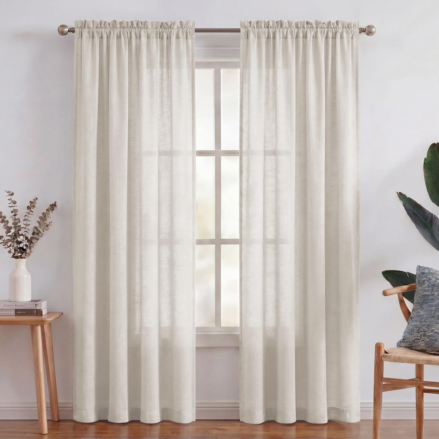 Turquoize White Linen Curtains 96 Inches Long Semi Sheer Curtains Light Filtering Linen Drapes for Living Room/Bedroom 2 Panels Set Rod Pocket Window Treatments Panels,W52 x L96, White