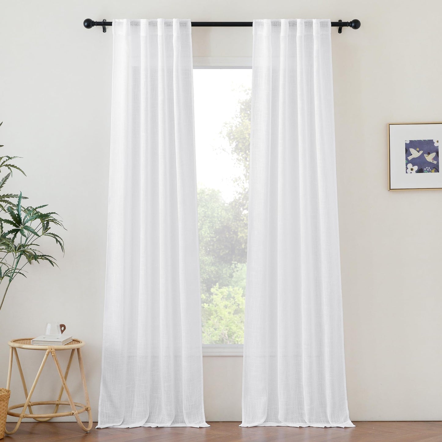 NICETOWN Flax Linen Curtains 84 inch Long, Rod Pocket & Back Tab Semi Sheer Vertical Drapes Privacy Added with Light Filtering for Bedroom/Living Room, Burlap, W52 x L84, 2 Pieces