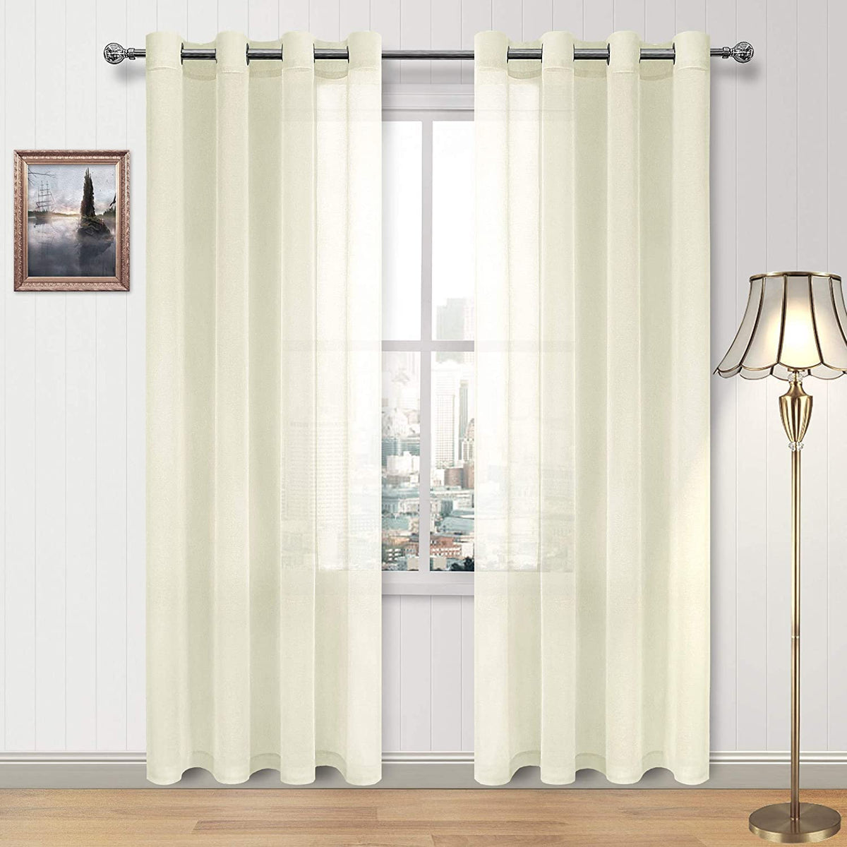 DWCN White Sheer Curtains Linen Look Semi Transparent Voile Grommet White Curtains for Living Dining Room Drapes 52 x 84 Inch Long, Set of 2 Panels