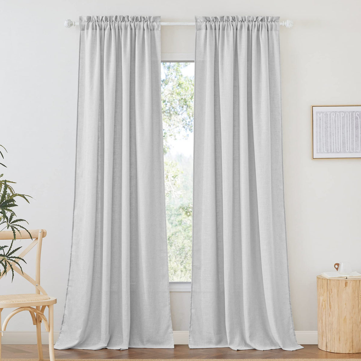 RYB HOME White Semi Sheer Curtains 84 inches Long for Living Room | Half Privacy, Linen Textured, Sheer Light Filtering, Vertical Window Drapes, for Bedroom Dining, White, W52 x L84, 2 Panels
